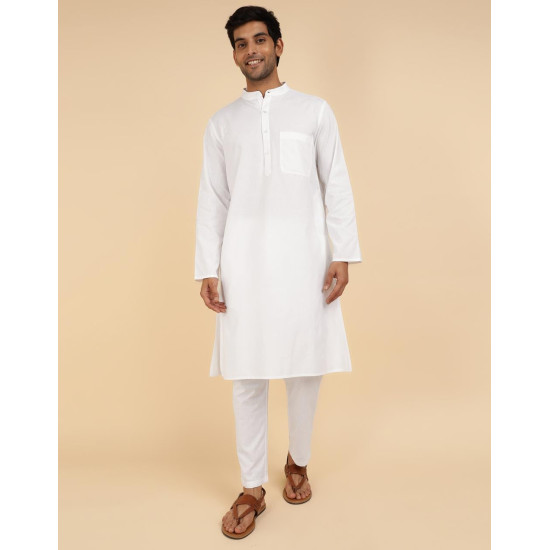 Fabindia Men White Long Sleeves Mandarin Collar Pure Cotton Kurta Set Fabindia Men White Long Sleeves Mandarin Collar Pure Cotton Kurta Set