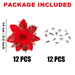 BAOTUJIA 12Pcs Red Christmas Poinsettias Flowers Decoration Artificial Flowers for Christmas Tree Ornaments Suitable for Home Christmas Decorations Xmas Tree Decorations Items Wreath Making