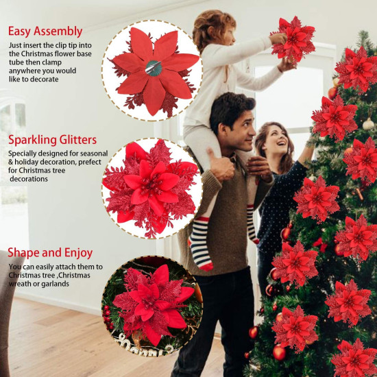 BAOTUJIA 12Pcs Red Christmas Poinsettias Flowers Decoration Artificial Flowers for Christmas Tree Ornaments Suitable for Home Christmas Decorations Xmas Tree Decorations Items Wreath Making