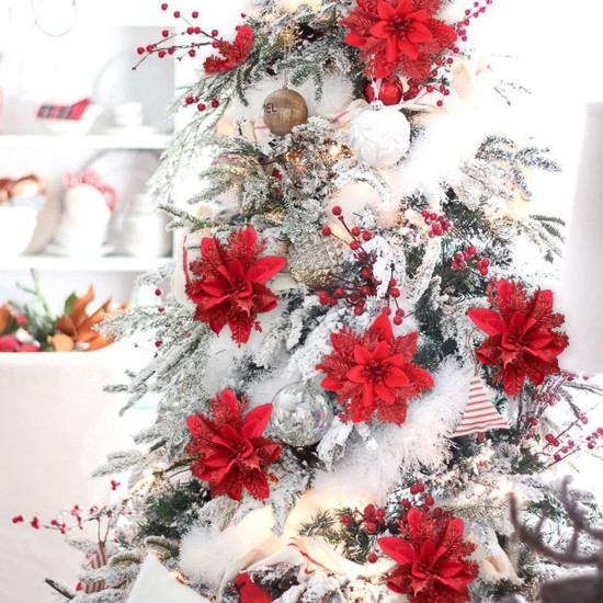 BAOTUJIA 12Pcs Red Christmas Poinsettias Flowers Decoration Artificial Flowers for Christmas Tree Ornaments Suitable for Home Christmas Decorations Xmas Tree Decorations Items Wreath Making