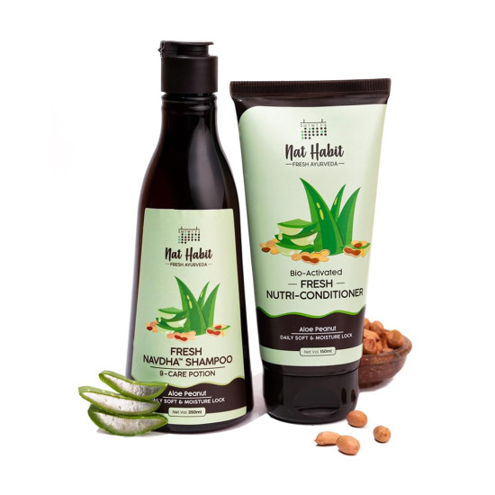 Nat Habit Aloe Peanut Shampoo & Conditioner Combo for Women & Men| Aloevera, Amla Reetha Shikakai Daily Cleanser for Soft & Hair Moisture Natural Protein Conditioner and Shampoo for Dry & Frizzy Hair