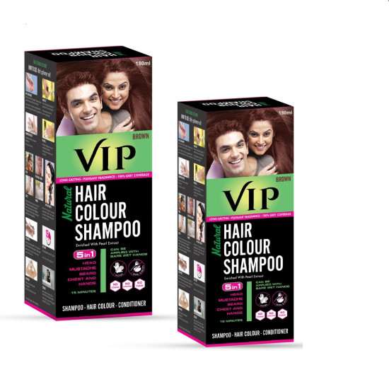 VIP HAIR COLOUR SHAMPOO Brown , 180Ml For Women And Men| Pack Of 2 | Quick & Easy Grey Coverage In 15 Mins | Salon Like HAIR Color At Home