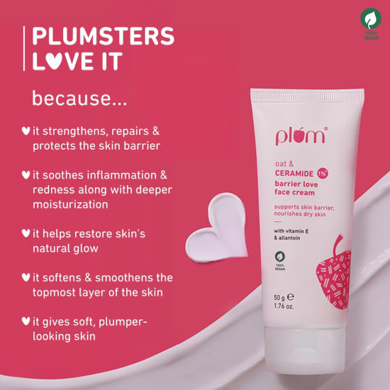 Plum Oat & 1% Ceramide Barrier Love Face Cream | Repairs, Strengthens & Maintains Skin Barrier | Moisturizer with Vitamin E & Allantoin | For Normal, Dry Skin | Women & Men | 50 g