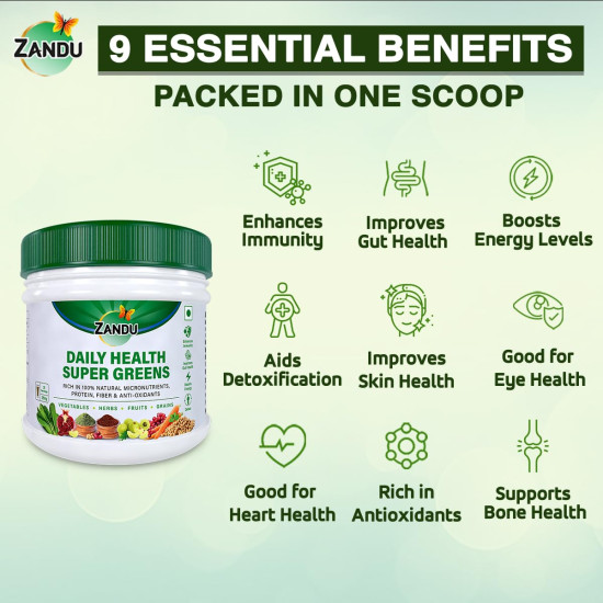 Zandu Daily Health Super Greens (250g): India’s 1st Ayurvedic Blend to Meet your Daily Nutritional Needs | 100% Natural | Contains Green Veggies, Herbs, Fruits, and Grains | Scientifically Proven