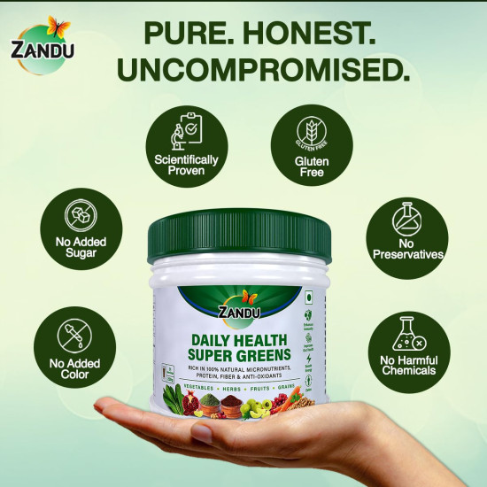 Zandu Daily Health Super Greens (250g): India’s 1st Ayurvedic Blend to Meet your Daily Nutritional Needs | 100% Natural | Contains Green Veggies, Herbs, Fruits, and Grains | Scientifically Proven
