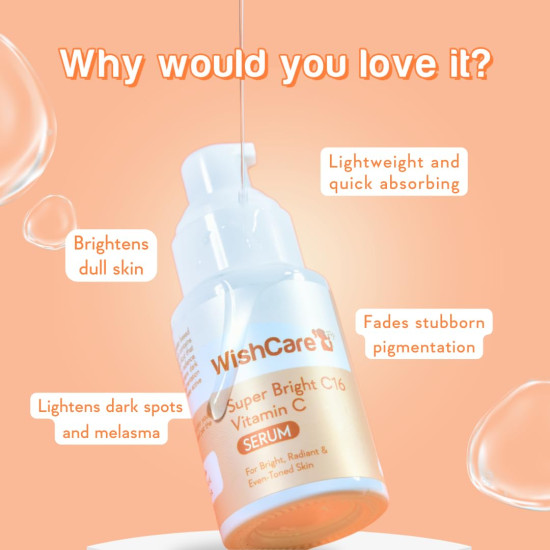 WishCare Super Bright C16 Vitamin C Serum For Oily Skin,Dry & Combination Skin -10% Vitamin C,4% Niacinamide,1% Kojic Acid,0.5% Ferulic Acid,Licorice & 4-N-BR- Serum For Pigmentation & Dark Spots 30Ml
