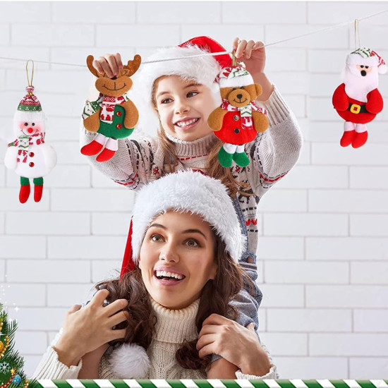 HASTHIP® 4Pcs Christmas Tree Decoration Items Snowman, Reindeer, Bear Dolls, Santa Claus Christmas Ornaments with String Hanging Decor for Xmas Tree, Door, Window, Home