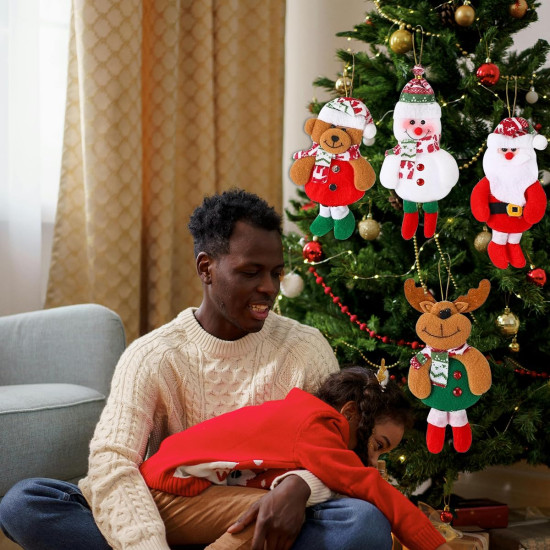 HASTHIP® 4Pcs Christmas Tree Decoration Items Snowman, Reindeer, Bear Dolls, Santa Claus Christmas Ornaments with String Hanging Decor for Xmas Tree, Door, Window, Home