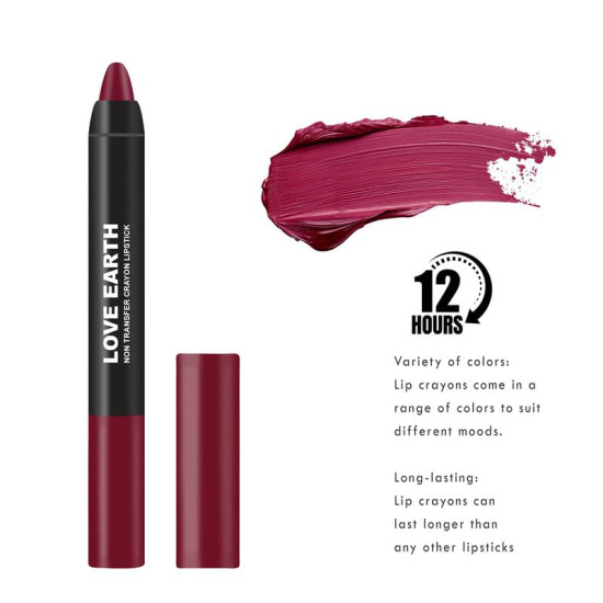 Love Earth Non-Transfer Crayon Lipstick-Butterfly Bush | Lightweight & Longlasting, Smudge Proof, Transferproof, Matte | Up to 12 Hours Stay -3.5g