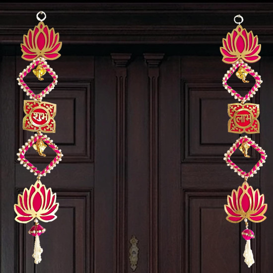 CraftVatika Diwali Decoration Items for Home Decor, Hanging Lotus Ganesha Shub Labh Latkan Toran for Pooja Room, Main Door Entrance, Diwali Deepavali Decor, Deepawali Festival Decorations Set of 2
