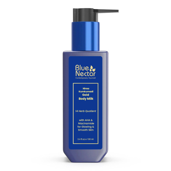 Blue Nectar Gold Body Milk for Women & Men | Body Lotion with Plant Based AHA & Niacinamide | Moisturizer for Body | All Skin Types (14 Herbs, 100ml)