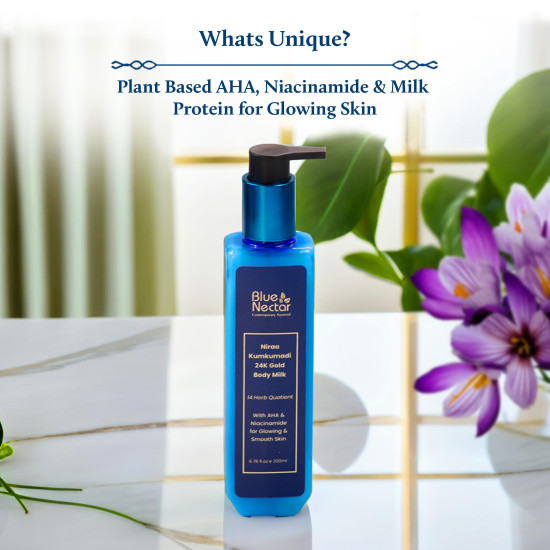 Blue Nectar Gold Body Milk for Women & Men | Body Lotion with Plant Based AHA & Niacinamide | Moisturizer for Body | All Skin Types (14 Herbs, 100ml)