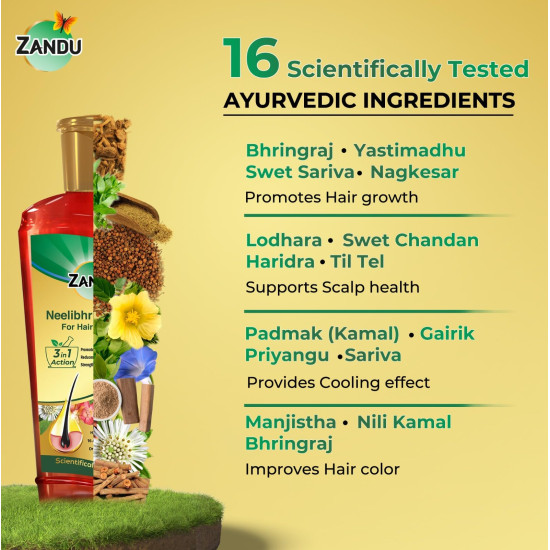 Zandu Neelibhringar Oil (100ml): 100% Ayurvedic Hair Growth Oil | 3-in-1 Action | Scientifically Proven For Hair Growth | Reduces Hair Fall | Strengthens Hair | 16 Potent Ingredients | Taila Pak Vidhi
