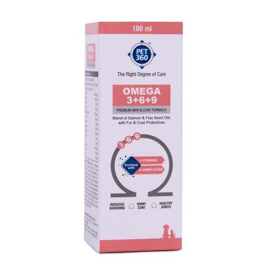 PET360 Omega 3+6+9 for Dogs | Blend of Salmon & Flax Seed Oils with Fur & Coat Protectives | Reduced Shedding | Shiny Coat | Healthy Joints | Nutritional Supplement for Pets - 100 ml PET360 Omega 3+6+9 for Dogs | Blend of Salmon & Flax Seed Oils with Fur & Coat Protectives | Reduced Shedding | Shiny Coat | Healthy Joints | Nutritional Supplement for Pets - 100 ml