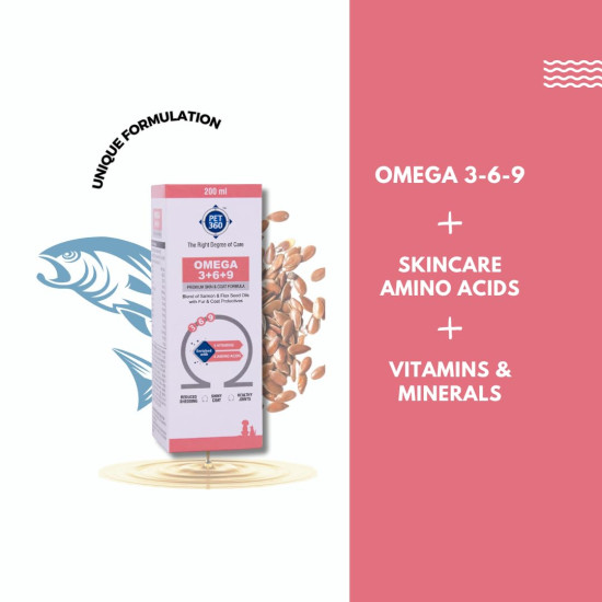 PET360 Omega 3+6+9 for Dogs | Blend of Salmon & Flax Seed Oils with Fur & Coat Protectives | Reduced Shedding | Shiny Coat | Healthy Joints | Nutritional Supplement for Pets - 100 ml PET360 Omega 3+6+9 for Dogs | Blend of Salmon & Flax Seed Oils with Fur & Coat Protectives | Reduced Shedding | Shiny Coat | Healthy Joints | Nutritional Supplement for Pets - 100 ml