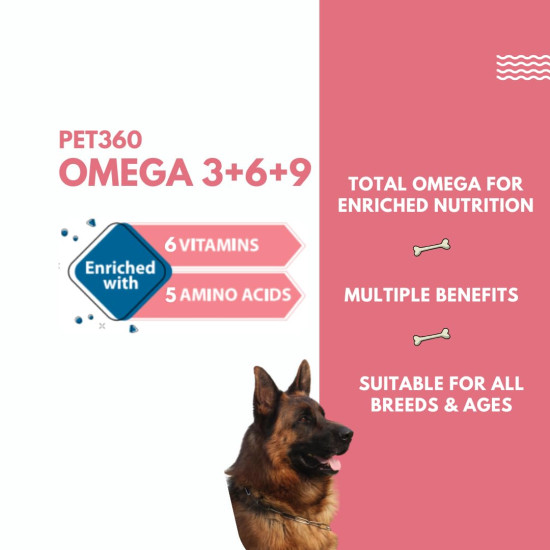 PET360 Omega 3+6+9 for Dogs | Blend of Salmon & Flax Seed Oils with Fur & Coat Protectives | Reduced Shedding | Shiny Coat | Healthy Joints | Nutritional Supplement for Pets - 100 ml PET360 Omega 3+6+9 for Dogs | Blend of Salmon & Flax Seed Oils with Fur & Coat Protectives | Reduced Shedding | Shiny Coat | Healthy Joints | Nutritional Supplement for Pets - 100 ml