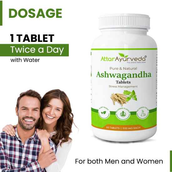 Attar Ayurveda Ashwagandha tablet (500mg) - 60 tablets | General Wellness | Stress Relief | Improves Strength and Energy | Pure and Natural