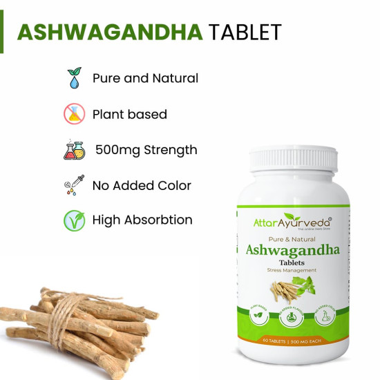 Attar Ayurveda Ashwagandha tablet (500mg) - 60 tablets | General Wellness | Stress Relief | Improves Strength and Energy | Pure and Natural