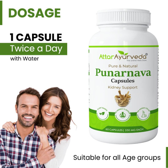 Attar Ayurveda Punarnava Capsules 350 mg - 60 capsules for Kidney Support | Support Digestion, Detoxify Body | Pure and Natural | Non-GMO