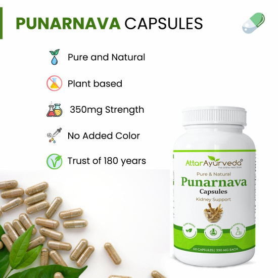 Attar Ayurveda Punarnava Capsules 350 mg - 60 capsules for Kidney Support | Support Digestion, Detoxify Body | Pure and Natural | Non-GMO