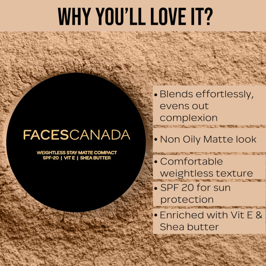 FACES CANADA Weightless Stay Matte Finish Compact Powder - Natural Almond 06, 9g | SPF 20 | Non Oily Matte Look | Evens Out Complexion | Prevents Acne | Blends Effortlessly | Pressed Powder For All Skin Types