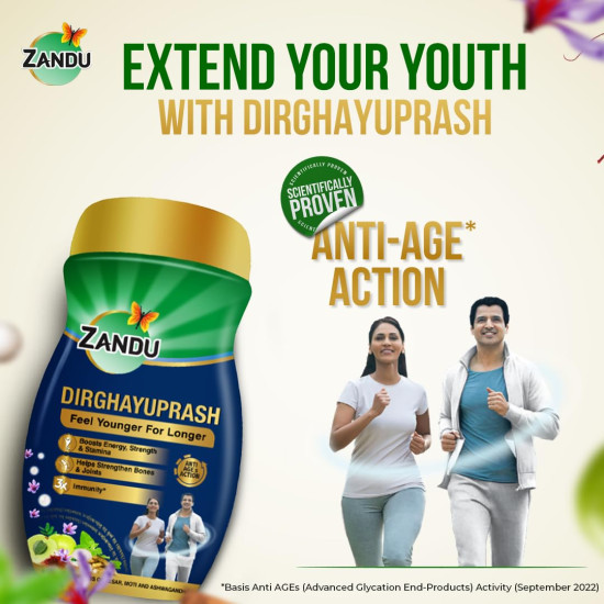 Zandu Dirghayuprash: Anti Age Action* with Vayasthapan Mahakashaya Herbs, Scientifically Proven, goodness of Chyawanprash for 3 way immunity action*| Boosts Energy, Strength, Stamina | Helps Strengthen Bones & Joints| | 450 GM