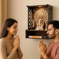 Puzzle Berry Nivasam Engineered Wood Hand Crafted OM Pattern Pooja Mandir for Home & Office, Wall Mounted Wooden Temple, Pooja Stand with Storage Cabinet, Small & Big Size (Mandir Design 1)
