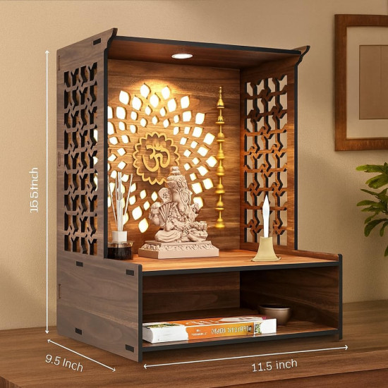 Puzzle Berry Nivasam Engineered Wood Hand Crafted OM Pattern Pooja Mandir for Home & Office, Wall Mounted Wooden Temple, Pooja Stand with Storage Cabinet, Small & Big Size (Mandir Design 1)