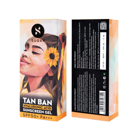 SUGAR Cosmetics Tan Ban Hyaluronic Acid Sunscreen SPF50+ PA+++ Gel |All Skin Non Greasy | Light Weight Formula | 50ml SUGAR Cosmetics Tan Ban Hyaluronic Acid Sunscreen SPF50+ PA+++ Gel |All Skin Non Greasy | Light Weight Formula | 50ml
