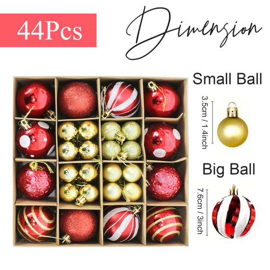 TIED RIBBONS Christmas Decoration Balls Set 44 Pcs (Multi, 7.6 cm & 3.5 cm) for Christmas Tree Decoration Hanging Ornaments Props Xmas - Christmas Tree Decoration Items for Home Office Church Décor