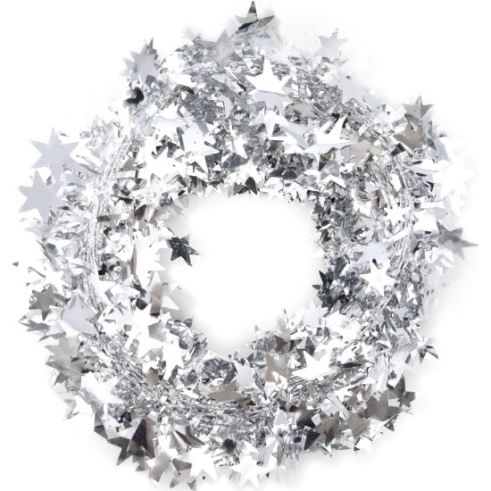TIED RIBBONS 32 feet Silver Star Tinsel Garland with Wire Sparkly Stars Christmas for Tree Door Dining Home Table Wall Hanging Item Ornament - Christmas Decorations for Home - (Silver, 32 feet)