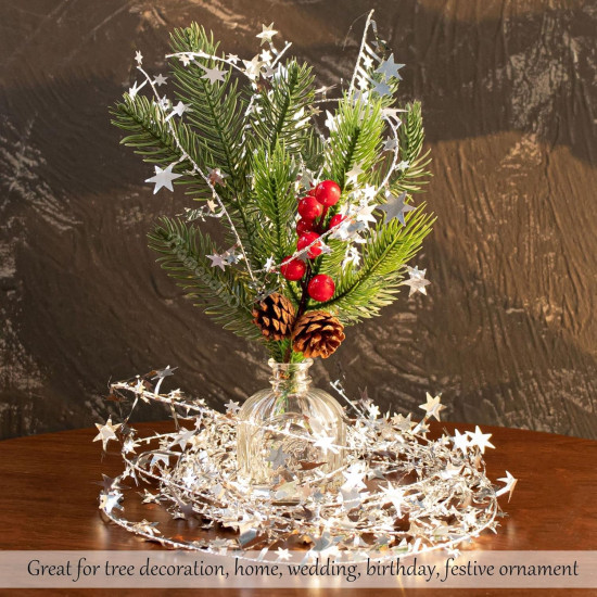 TIED RIBBONS 32 feet Silver Star Tinsel Garland with Wire Sparkly Stars Christmas for Tree Door Dining Home Table Wall Hanging Item Ornament - Christmas Decorations for Home - (Silver, 32 feet)