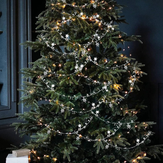 TIED RIBBONS 32 feet Silver Star Tinsel Garland with Wire Sparkly Stars Christmas for Tree Door Dining Home Table Wall Hanging Item Ornament - Christmas Decorations for Home - (Silver, 32 feet)