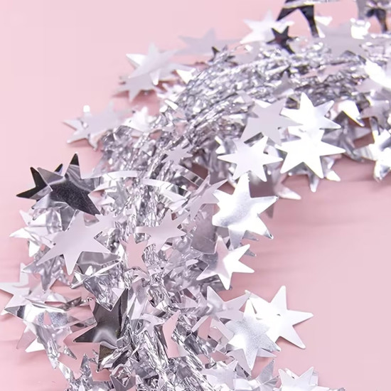 TIED RIBBONS 32 feet Silver Star Tinsel Garland with Wire Sparkly Stars Christmas for Tree Door Dining Home Table Wall Hanging Item Ornament - Christmas Decorations for Home - (Silver, 32 feet)