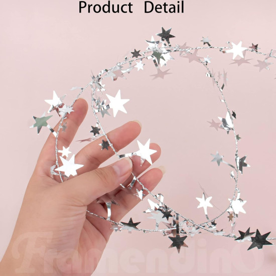TIED RIBBONS 32 feet Silver Star Tinsel Garland with Wire Sparkly Stars Christmas for Tree Door Dining Home Table Wall Hanging Item Ornament - Christmas Decorations for Home - (Silver, 32 feet)