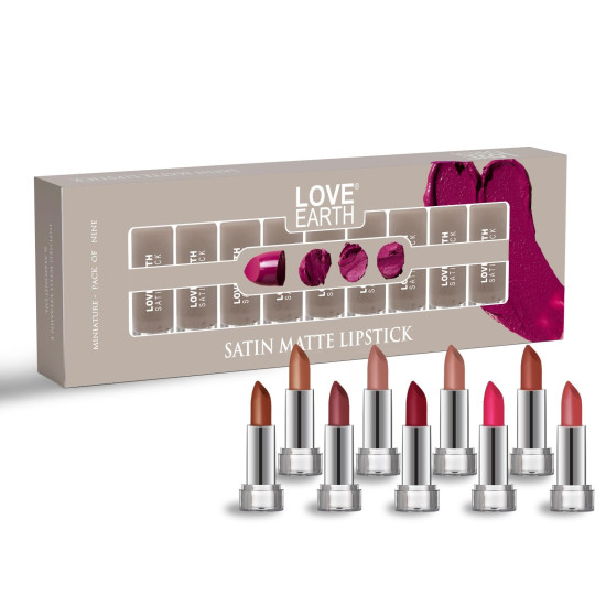 LoveEarth Satin Matte Lipstick Set – 9 Mini Lipsticks | Soft, Moisturizing & Long-Stay Formula | Multicolor, Lightweight & Non-Drying Lip Colors | (2g x 9) 18g