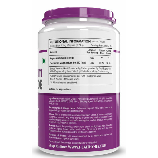 HealthyHey Nutrition Magnesium Oxide - 600mg/serving - 60 Vegetable Capsules