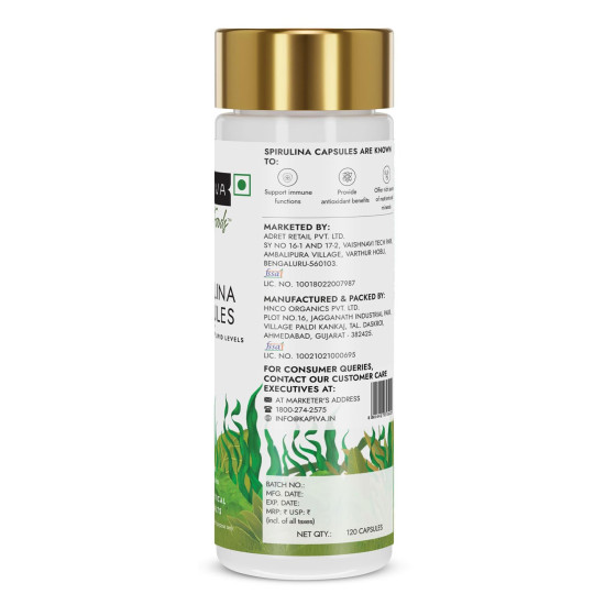 Kapiva Spirulina Capsules |120 Capsule| Contains 60% Protein | Boost Your Immunity | Free from Preservative & Pesticides | Spirulina Tablet