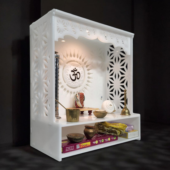 Heartily Acrylic Shree Beautiful Wooden Pooja Stand Mandir for Home Temple for Home and Office Puja Mandir for Home and Office Wall with LED Spot Light Product (H- 18, L- 16, W-8.75 Inch)