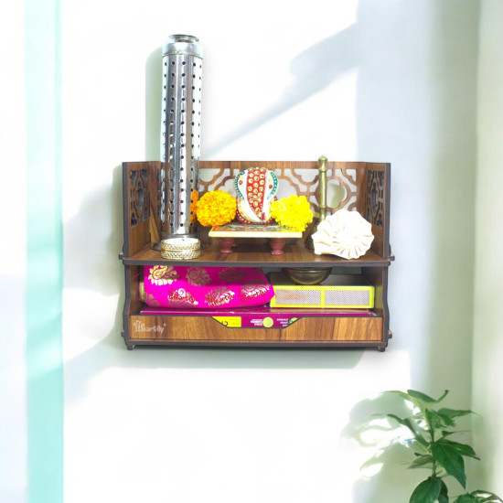 Heartily® Utsav Beautiful Wooden Mandir for Home Small Size Puja Mandir for Home Wall Mounted Pooja Stand for Home Temple for Office or Shop, 12.7D x 30.5W x 20H Centimeters