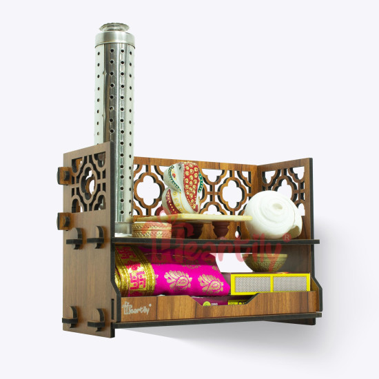 Heartily® Utsav Beautiful Wooden Mandir for Home Small Size Puja Mandir for Home Wall Mounted Pooja Stand for Home Temple for Office or Shop, 12.7D x 30.5W x 20H Centimeters