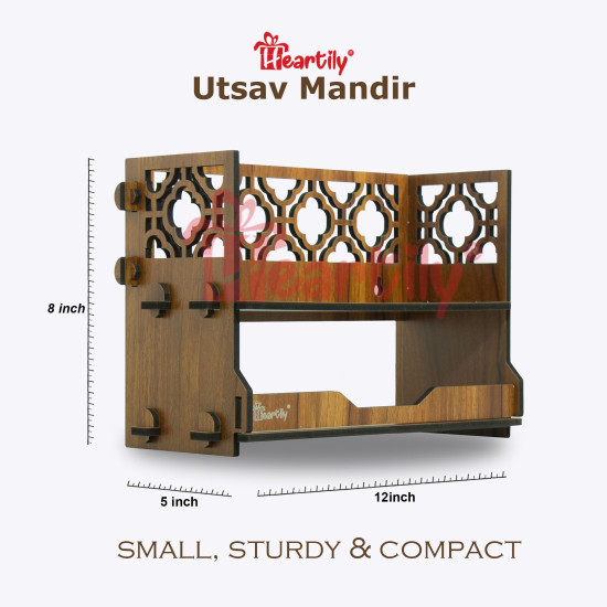 Heartily® Utsav Beautiful Wooden Mandir for Home Small Size Puja Mandir for Home Wall Mounted Pooja Stand for Home Temple for Office or Shop, 12.7D x 30.5W x 20H Centimeters