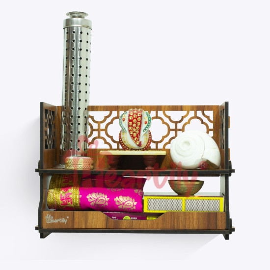 Heartily® Utsav Beautiful Wooden Mandir for Home Small Size Puja Mandir for Home Wall Mounted Pooja Stand for Home Temple for Office or Shop, 12.7D x 30.5W x 20H Centimeters