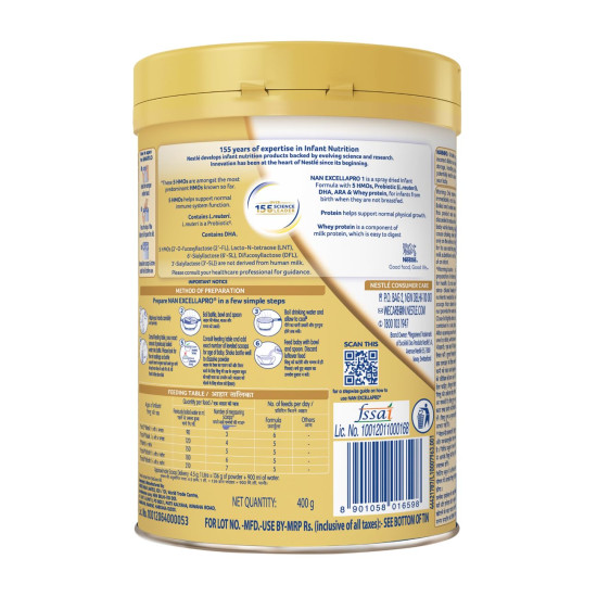 EXCELLAPRO Stage 1 Infant Formula Milk Powder with HMOs & Probiotic for Babies (Up To 6 Months), 400g Tin With Smartlid