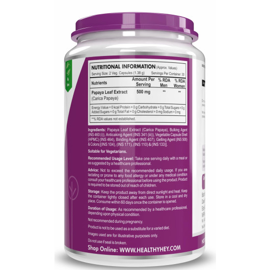 HealthyHey Nutrition Papaya Leaf Extract - 500mg/serving - 60 vegetable capsules