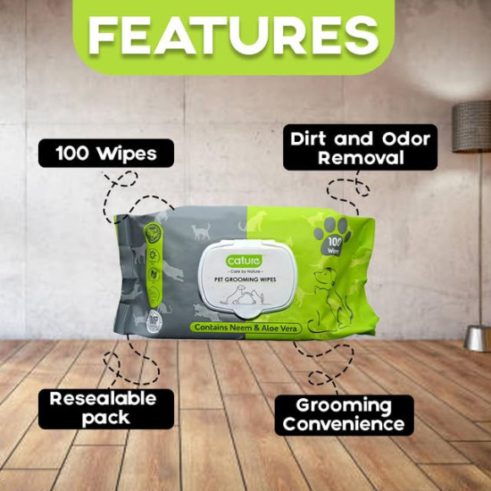 Cature Care by Nature Biodegradable Pet Wipes - Aloe Vera & Neem, Gentle & Effective Cleaning for Pets (100 Wipes)