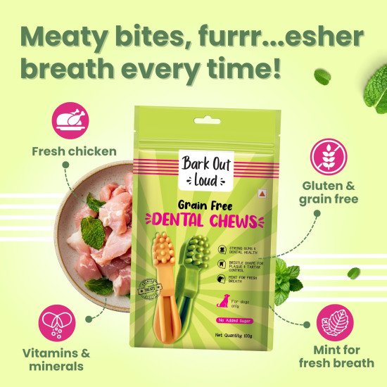 BARK OUT LOUD - Dental Treats | Brush Shape Dog Chews | Removes Plaque/Tartar | Fresh Smell | Oral Care Gluten Free| Chicken Dog Treats (100 GMS)