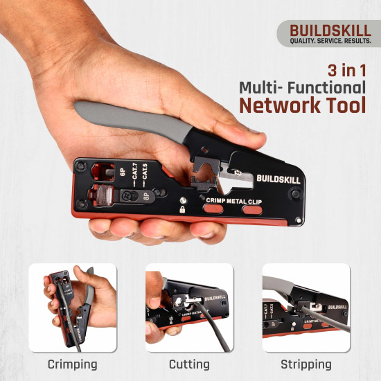 BUILDSKILL 3-in-1 network crimping tool, wire stripper and cutter | safety lock button | soft grip handle | 2mm heavy-duty metal body | ideal ethernet & telephone cables,RJ12, RJ11, RJ45 crimping tool