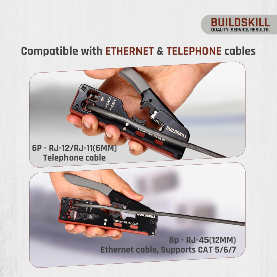 BUILDSKILL 3-in-1 network crimping tool, wire stripper and cutter | safety lock button | soft grip handle | 2mm heavy-duty metal body | ideal ethernet & telephone cables,RJ12, RJ11, RJ45 crimping tool