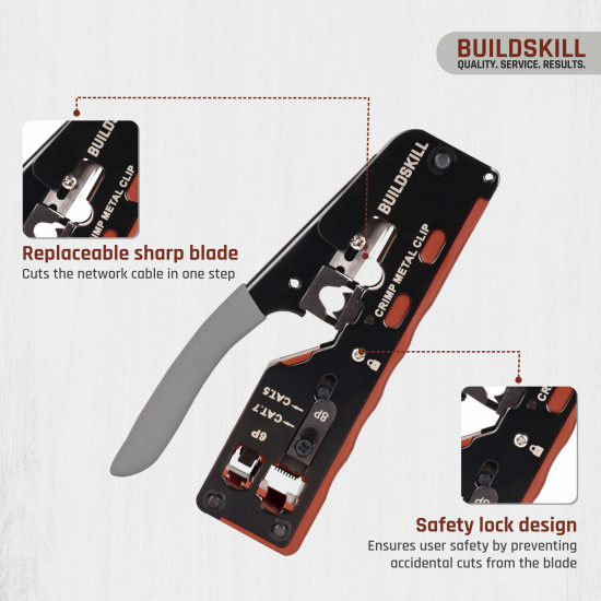 BUILDSKILL 3-in-1 network crimping tool, wire stripper and cutter | safety lock button | soft grip handle | 2mm heavy-duty metal body | ideal ethernet & telephone cables,RJ12, RJ11, RJ45 crimping tool